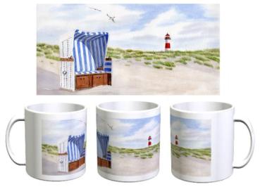 Tasse Becher Kaffeebecher Aquarell Kunst Maritim Druck Kunstdruck Strandkorb Sylt Nordsee Meer Leuchtturm Strand Dünen